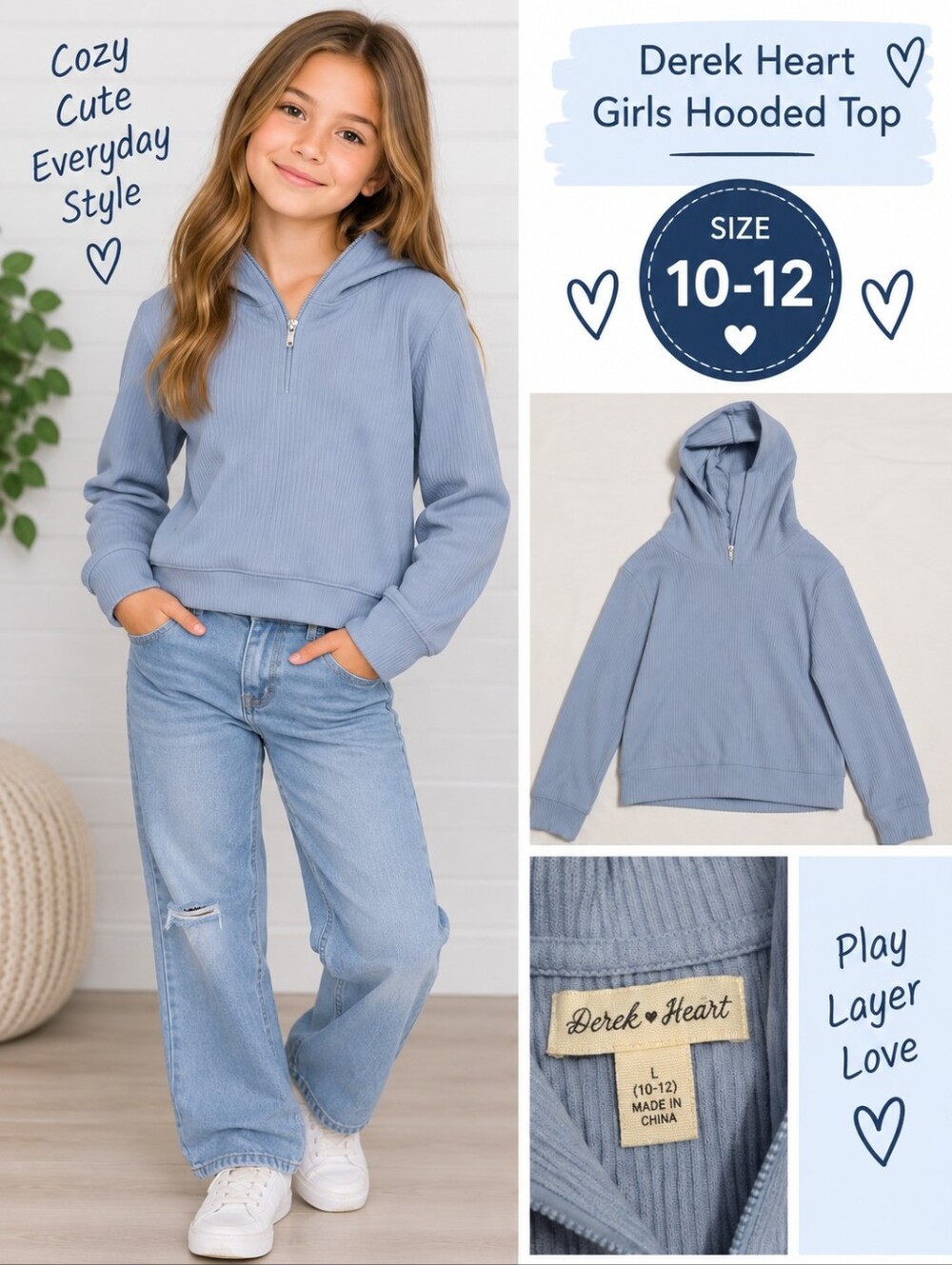 Derek heart girls 10-12 blue ribbed hooded top #25